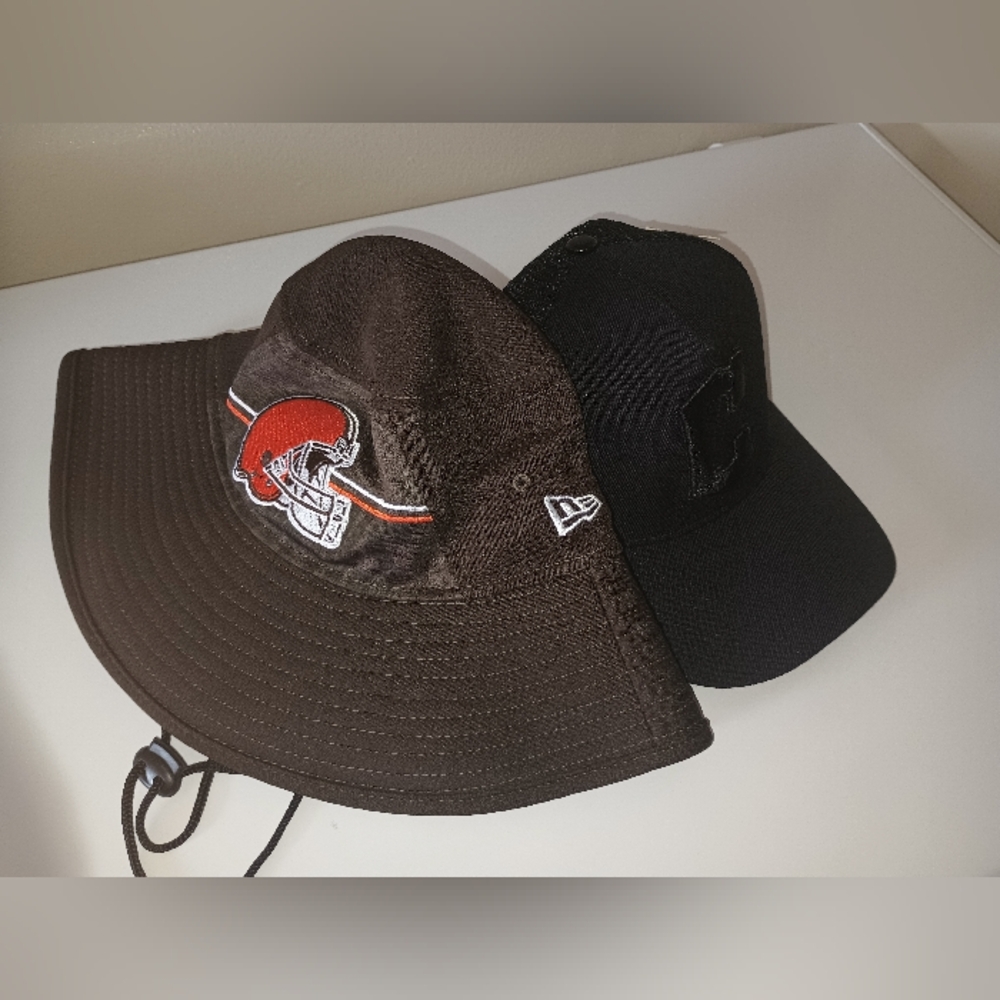 Cleveland Browns bucket hat and Guardians Black snapback baseball cap, new.